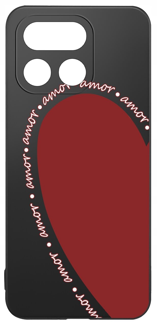 Czarne etui z dużym czerwonym sercem i napisem \'amor\' powtarzającym się wokół serca. Etui ma wycięcia na aparat i lampę błyskową.