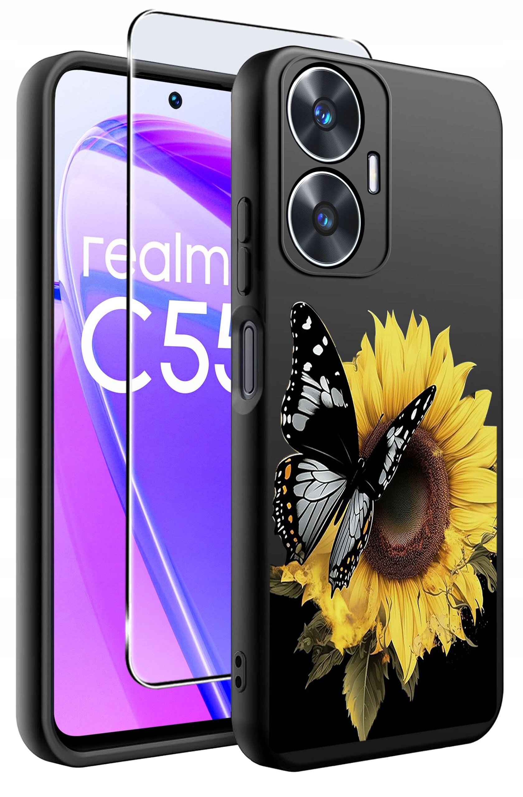Obraz przedstawia etui na telefon z motywem słonecznika i motyla oraz szkło ochronne. Na ekranie telefonu widoczny jest napis \'realme C55\'.