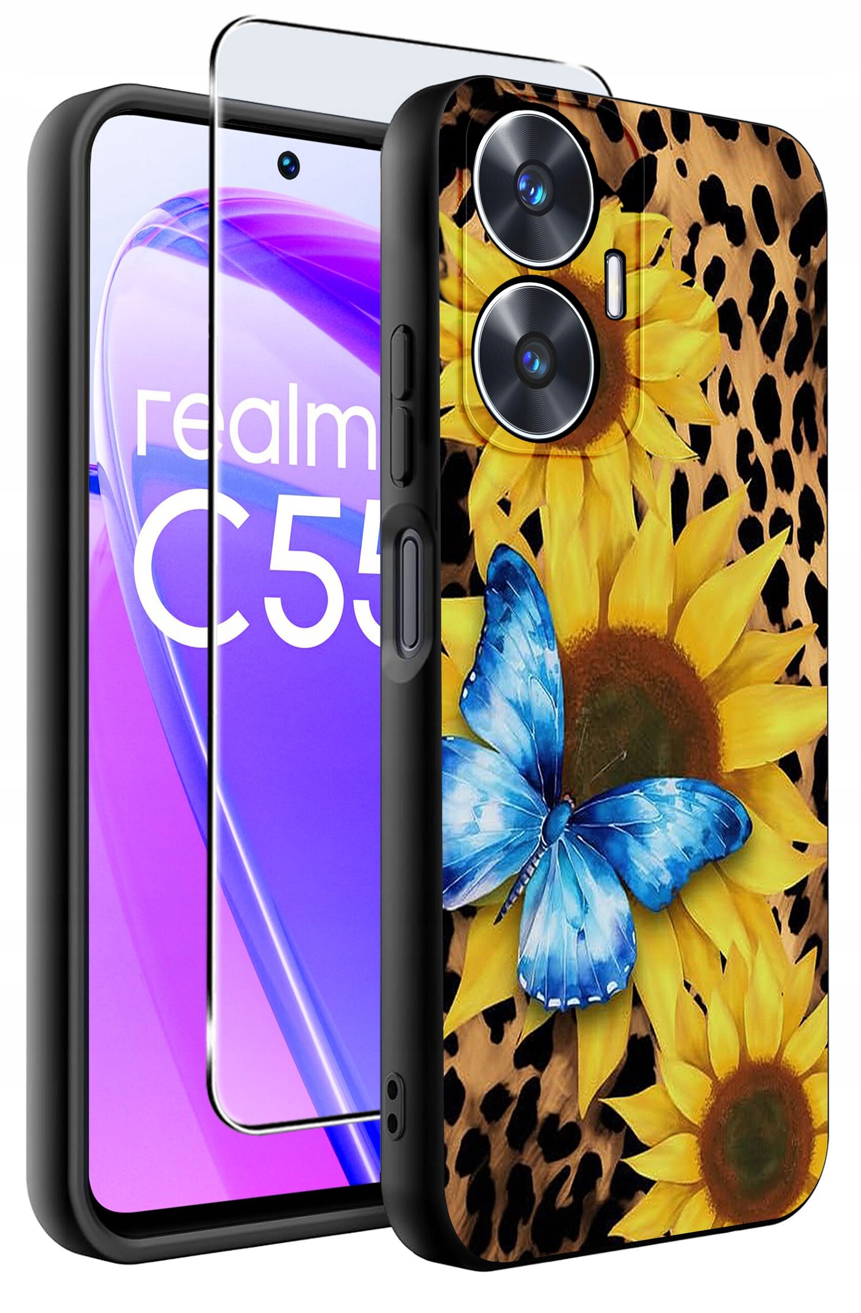 Etui na telefon z motywem słoneczników i niebieskiego motyla na tle w cętki. Obok widoczny jest telefon z napisem \'realme C55\' oraz szkło ochronne.
