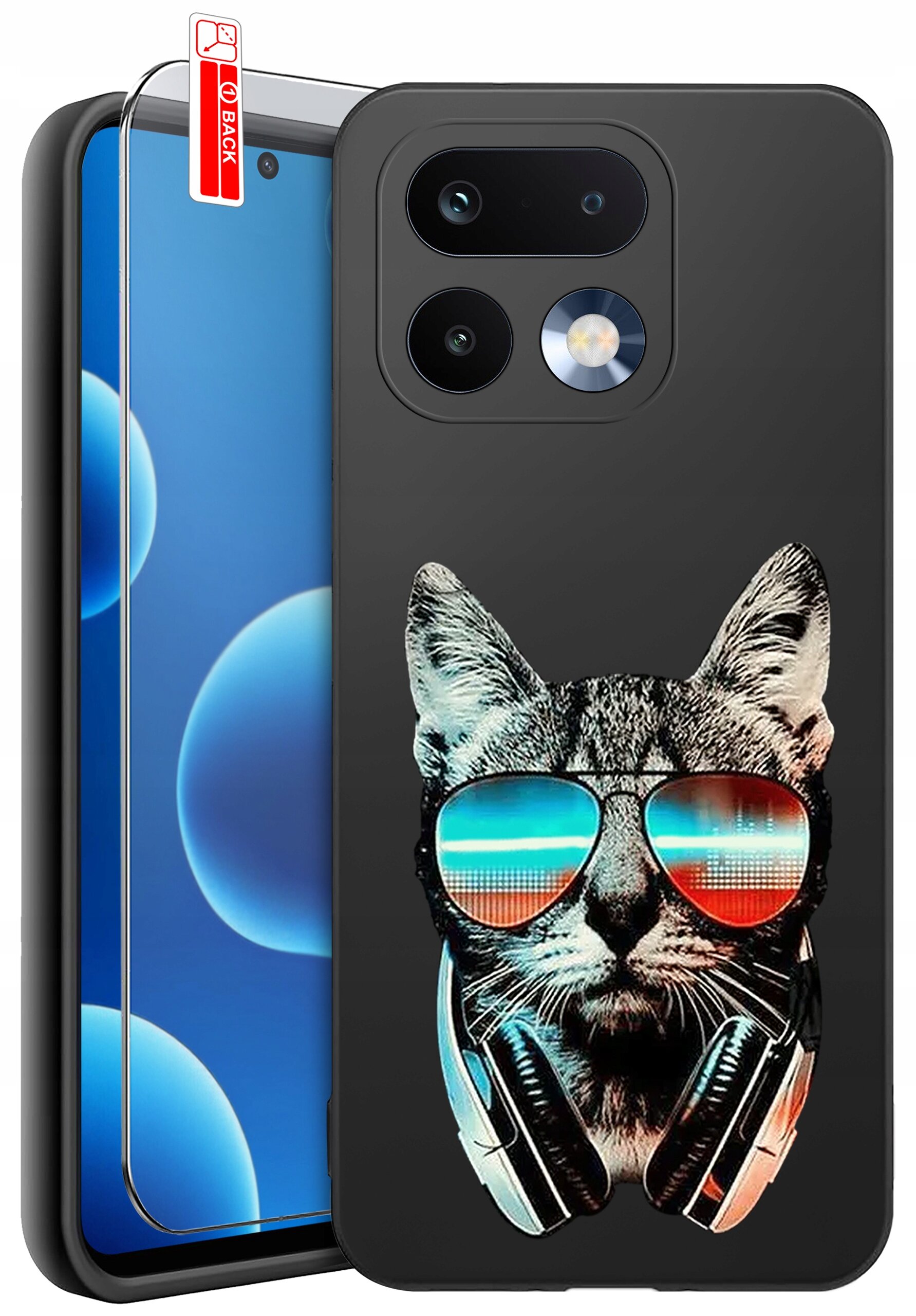 Etui na telefon z nadrukiem kota w okularach przeciwsłonecznych i słuchawkach. Obok etui znajduje się szkło ochronne z napisem \'BACK\'.