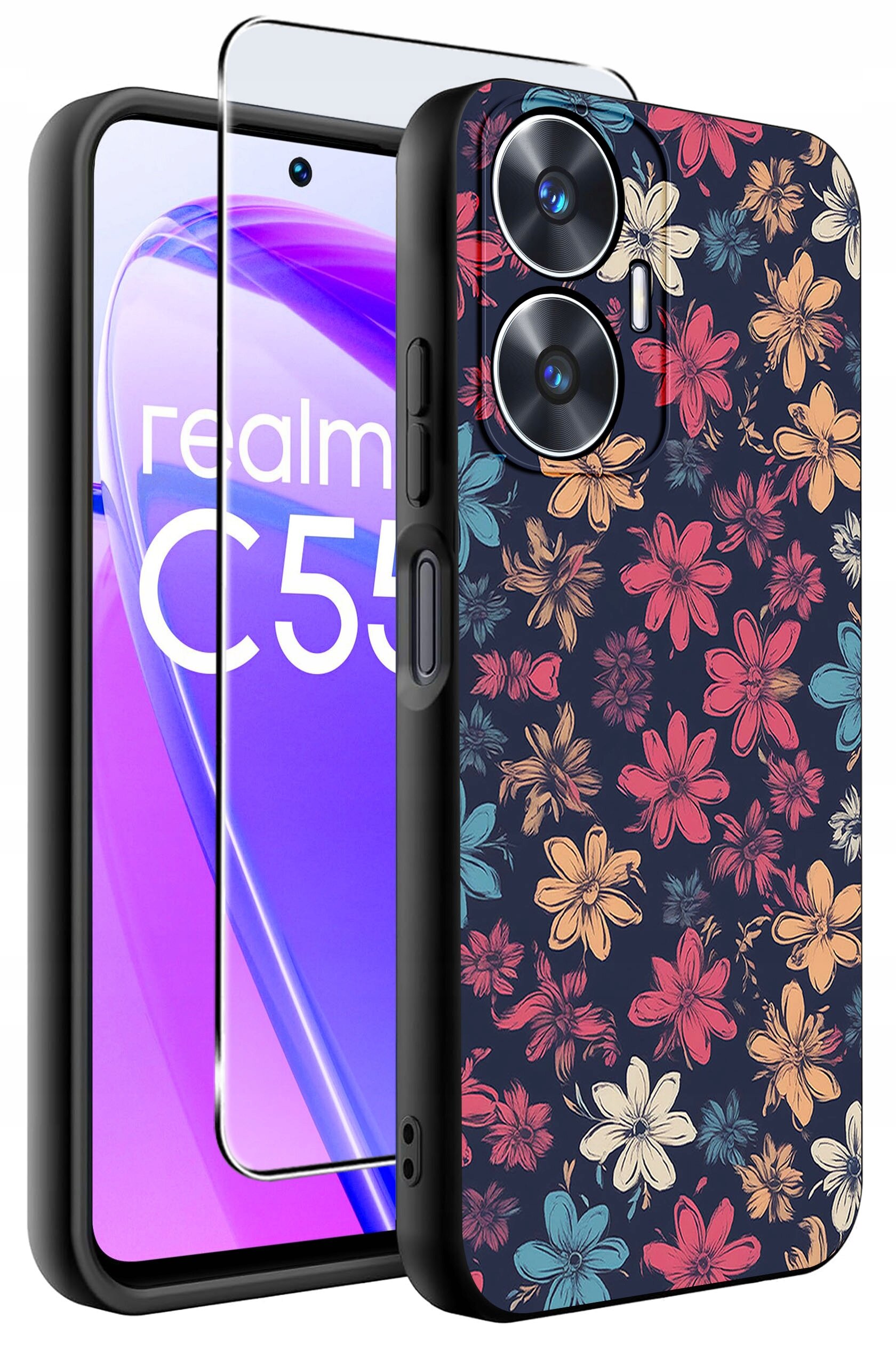 Obraz przedstawia silikonowe etui na telefon z kolorowym wzorem kwiatów oraz szkło ochronne. Na ekranie telefonu widoczny jest napis \'realme C55\'.