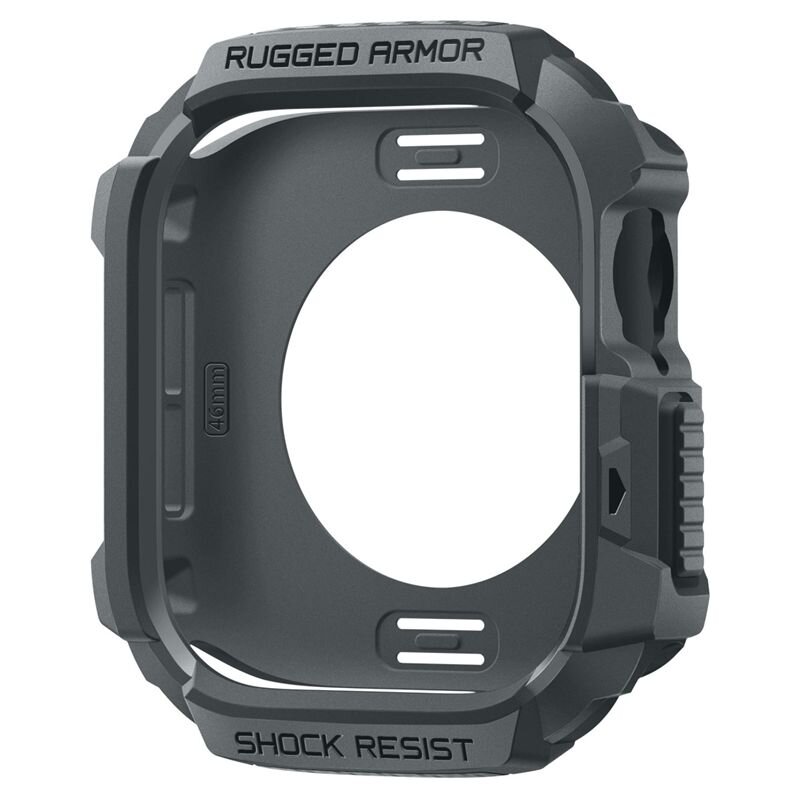 Obraz przedstawia ciemnoszarą obudowę ochronną do zegarka z napisem \'RUGGED ARMOR\' na górze i \'SHOCK RESIST\' na dole. Na boku widoczny jest napis \'46mm\'.