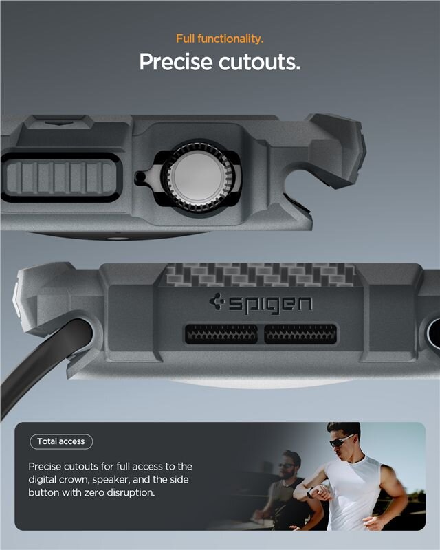 Obraz przedstawia etui na zegarek z napisem \'spigen\' oraz tekstem \'Full functionality. Precise cutouts.\' i \'Total access. Precise cutouts for full access to the digital crown, speaker, and the side button with zero disruption.\'.