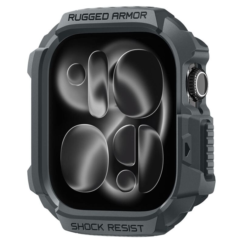 Obraz przedstawia ciemnoszarą obudowę zegarka z napisem \'RUGGED ARMOR\' na górze i \'SHOCK RESIST\' na dole. Obudowa ma solidny, ochronny wygląd z wyraźnymi przyciskami i pokrętłem po prawej stronie.