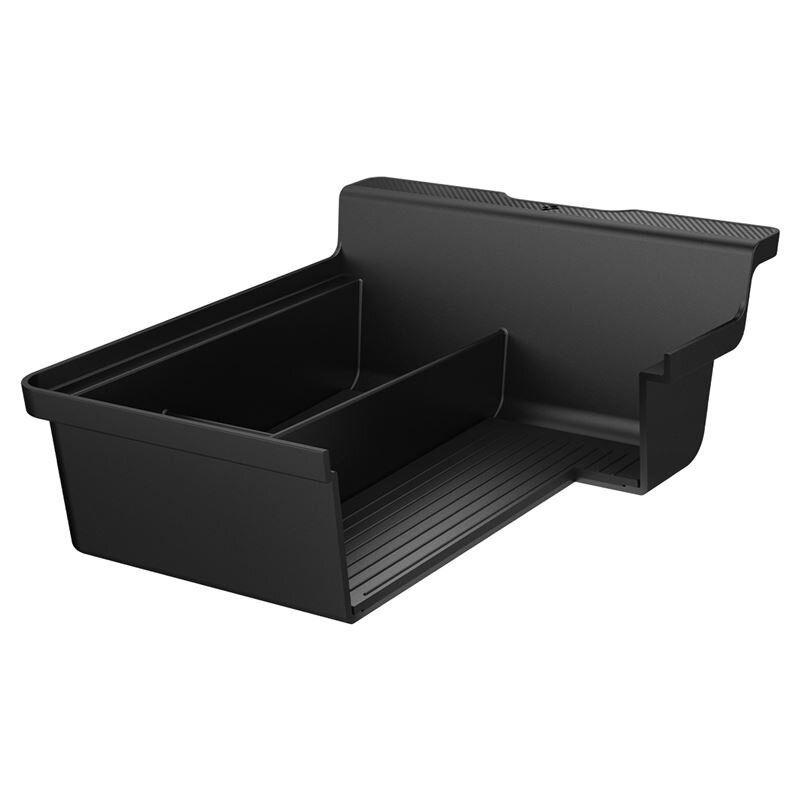 Czarny organizer do konsoli środkowej z dwoma przegrodami i żebrowaną podstawą. Produkt wykonany z tworzywa sztucznego, przeznaczony do samochodów.