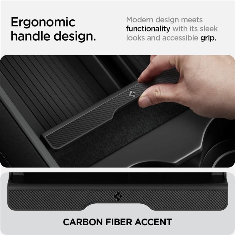 Obraz przedstawia organizer konsoli środkowej z ergonomicznym uchwytem o wzorze włókna węglowego. Widoczny tekst: \'Ergonomic handle design.\', \'Modern design meets functionality with its sleek looks and accessible grip.\', \'CARBON FIBER ACCENT\'.