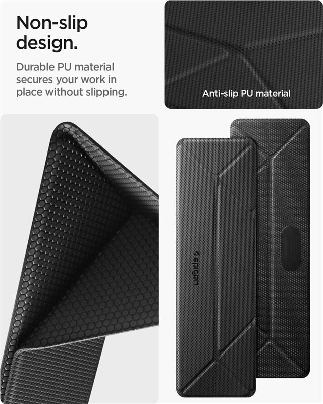 Obraz przedstawia czarną podstawkę do laptopa z teksturą antypoślizgową i logo \'Spigen\'. Widoczny tekst: \'Non-slip design. Durable PU material secures your work in place without slipping. Anti-slip PU material\'.