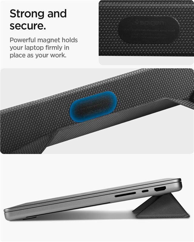 Obraz przedstawia czarną podstawkę do laptopa z teksturą, z widocznym logo \'spigen\'. Tekst na obrazie: \'Strong and secure. Powerful magnet holds your laptop firmly in place as your work.\'