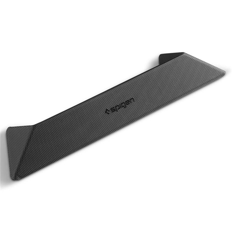 Czarny stojak na laptopa o teksturowanej powierzchni z widocznym logo \'Spigen\'.