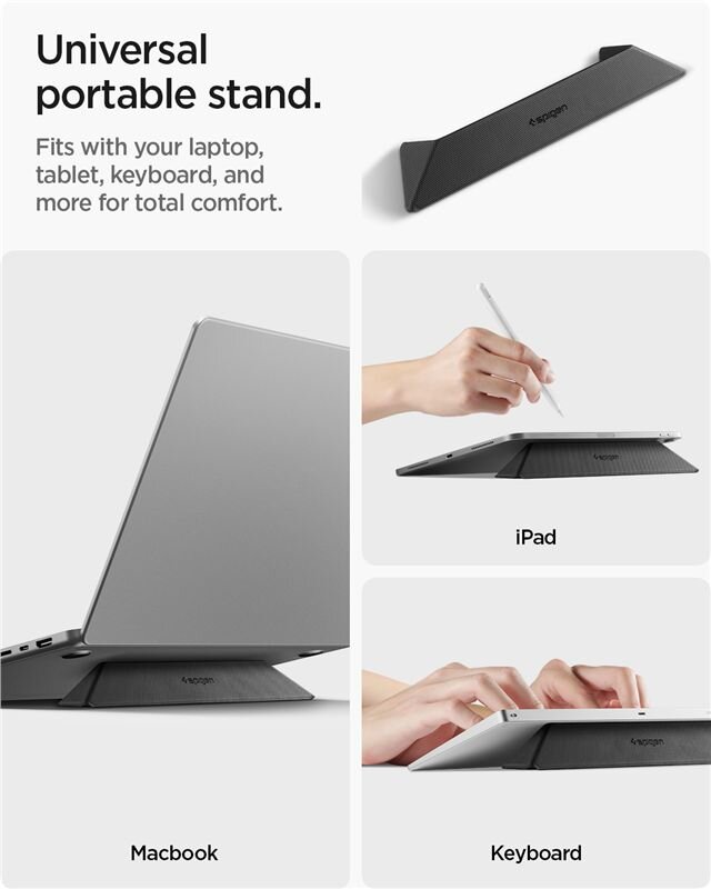 Obraz przedstawia uniwersalną, przenośną podstawkę z napisem \'Spigen\', na której umieszczone są różne urządzenia: laptop, tablet i klawiatura. Tekst na obrazie: \'Universal portable stand. Fits with your laptop, tablet, keyboard, and more for total comfort.\'