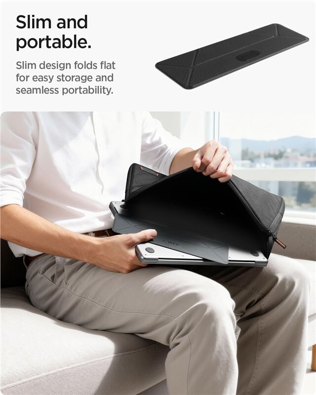Osoba siedzi na kanapie, trzymając czarną torbę, z której wyciąga laptopa. Na górze obrazu widoczny jest tekst: \'Slim and portable. Slim design folds flat for easy storage and seamless portability.\'