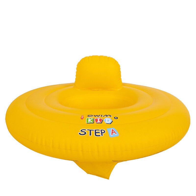 Żółte pompowane koło do pływania z oparciem, z napisem \'SWIM KID STEP A\'.