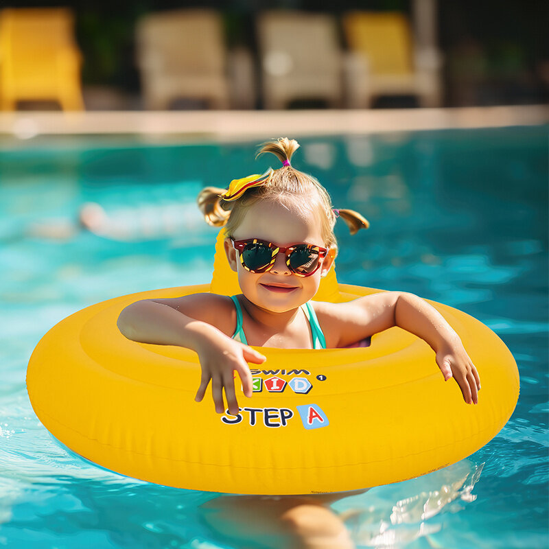 Dziecko w okularach przeciwsłonecznych siedzi w żółtym pompowanym foteliku do pływania z napisem \'SWIM STEP A\'. W tle widać basen i rozmyte kształty leżaków.