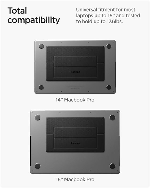 Obraz przedstawia dwa laptopy z widocznymi podstawkami Spigen Slimfold Laptop Stand. Na górze znajduje się tekst: \'Total compatibility Universal fitment for most laptops up to 16” and tested to hold up to 17.6lbs.\'