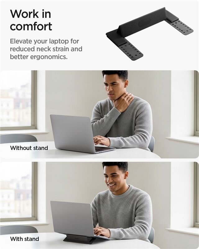 Obraz przedstawia stojak na laptopa z napisem \'Work in comfort. Elevate your laptop for reduced neck strain and better ergonomics\'. Poniżej znajdują się dwa zdjęcia osoby przy laptopie, jedno z podpisem \'Without stand\', a drugie \'With stand\'.