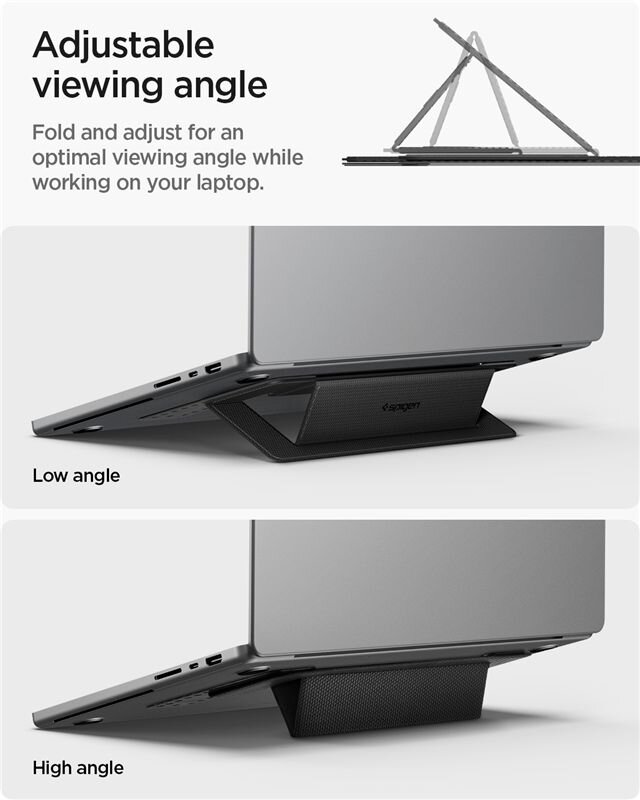 Obraz przedstawia laptop na czarnym stojaku Spigen z możliwością regulacji kąta nachylenia. Widoczne są dwa ustawienia: niski i wysoki kąt, z tekstem \'Adjustable viewing angle\', \'Low angle\', \'High angle\'.