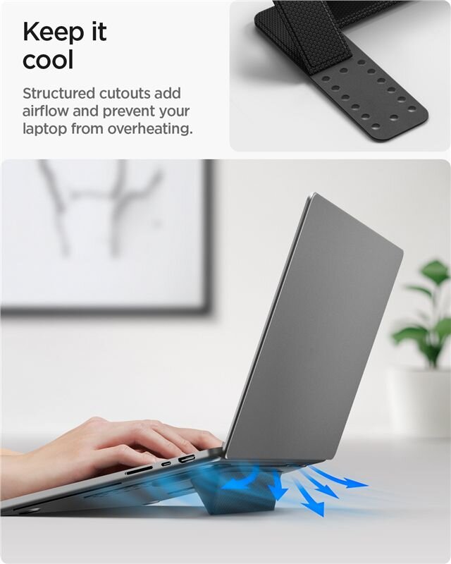 Obraz przedstawia laptop ustawiony na czarnym stojaku z otworami, z którego wydobywają się niebieskie strzałki symbolizujące przepływ powietrza. W lewym górnym rogu widoczny jest tekst: \'Keep it cool. Structured cutouts add airflow and prevent your laptop from overheating.\'