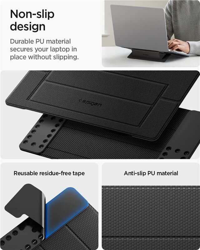 Obraz przedstawia czarną podstawkę pod laptopa z teksturą antypoślizgową, z logo \'spigen\'. Widoczny jest tekst: \'Non-slip design\', \'Durable PU material secures your laptop in place without slipping\', \'Reusable residue-free tape\', \'Anti-slip PU material\'.