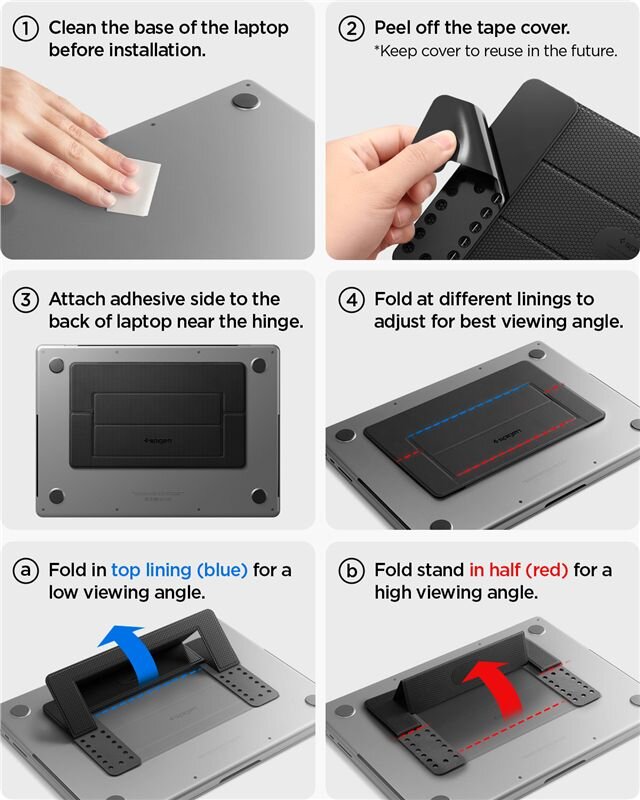 Instrukcja montażu i użycia stojaka na laptopa Spigen Slimfold. Obraz pokazuje kroki: czyszczenie podstawy laptopa, odklejenie taśmy, przyklejenie stojaka oraz składanie dla różnych kątów widzenia.