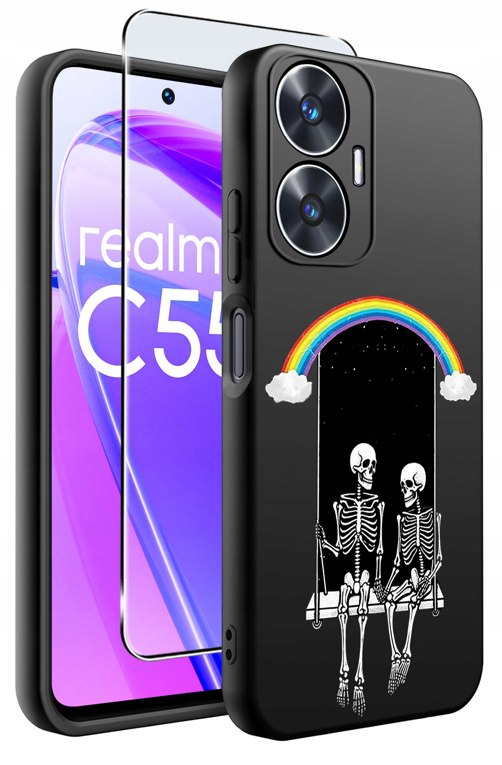 Obraz przedstawia czarne etui na telefon z grafiką dwóch szkieletów siedzących na huśtawce pod tęczą. Obok znajduje się szkło ochronne na ekran, a na ekranie telefonu widoczny jest napis \'realme C55\'.