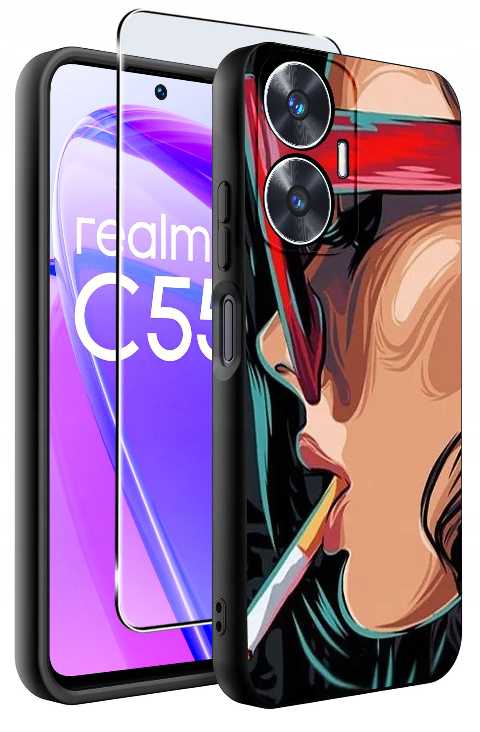 Obraz przedstawia etui na telefon z kolorowym wzorem przedstawiającym osobę w okularach przeciwsłonecznych z papierosem. Obok etui widoczny jest telefon z napisem \'realme C55\' na ekranie oraz szkło ochronne.