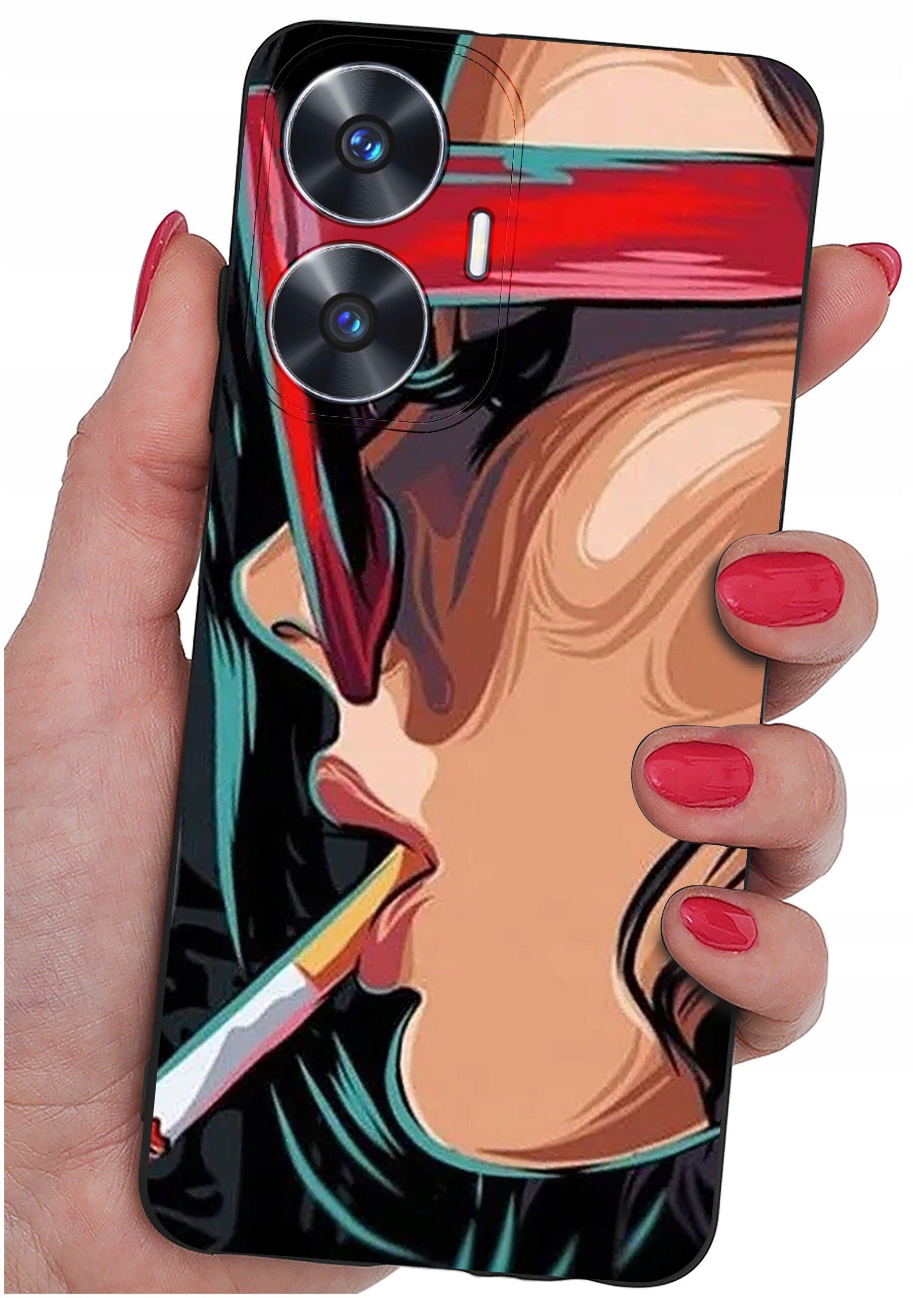 Etui na telefon z kolorowym wzorem przedstawiającym stylizowaną twarz osoby w okularach i z papierosem. Etui trzymane jest w dłoni z pomalowanymi na czerwono paznokciami.