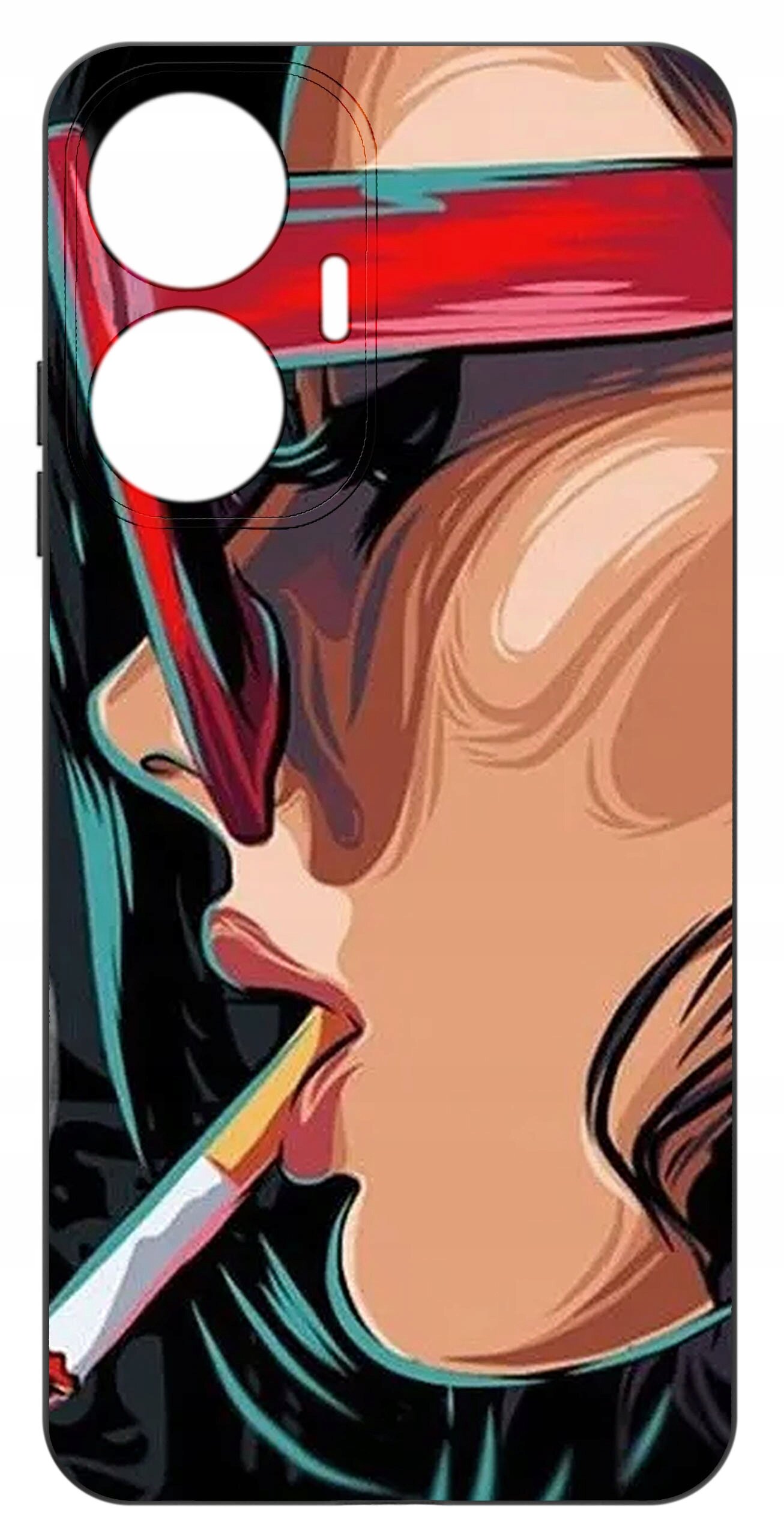 Etui na telefon z kolorowym nadrukiem przedstawiającym stylizowaną twarz osoby w okularach przeciwsłonecznych i z papierosem w ustach. Etui ma wycięcia na aparat i przyciski.