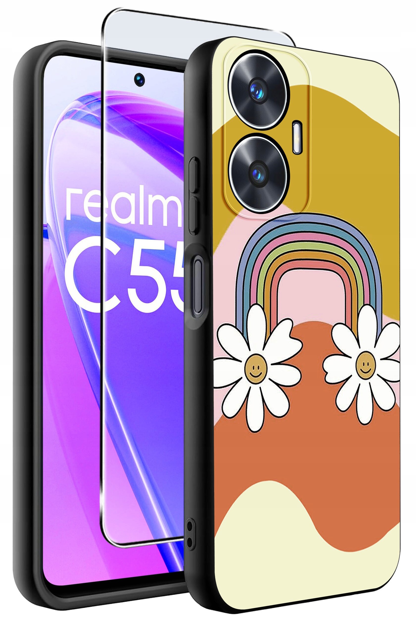 Obraz przedstawia etui na telefon z kolorowym wzorem tęczy i kwiatów oraz szkło ochronne. Na ekranie telefonu widoczny jest napis \'realme C55\'.