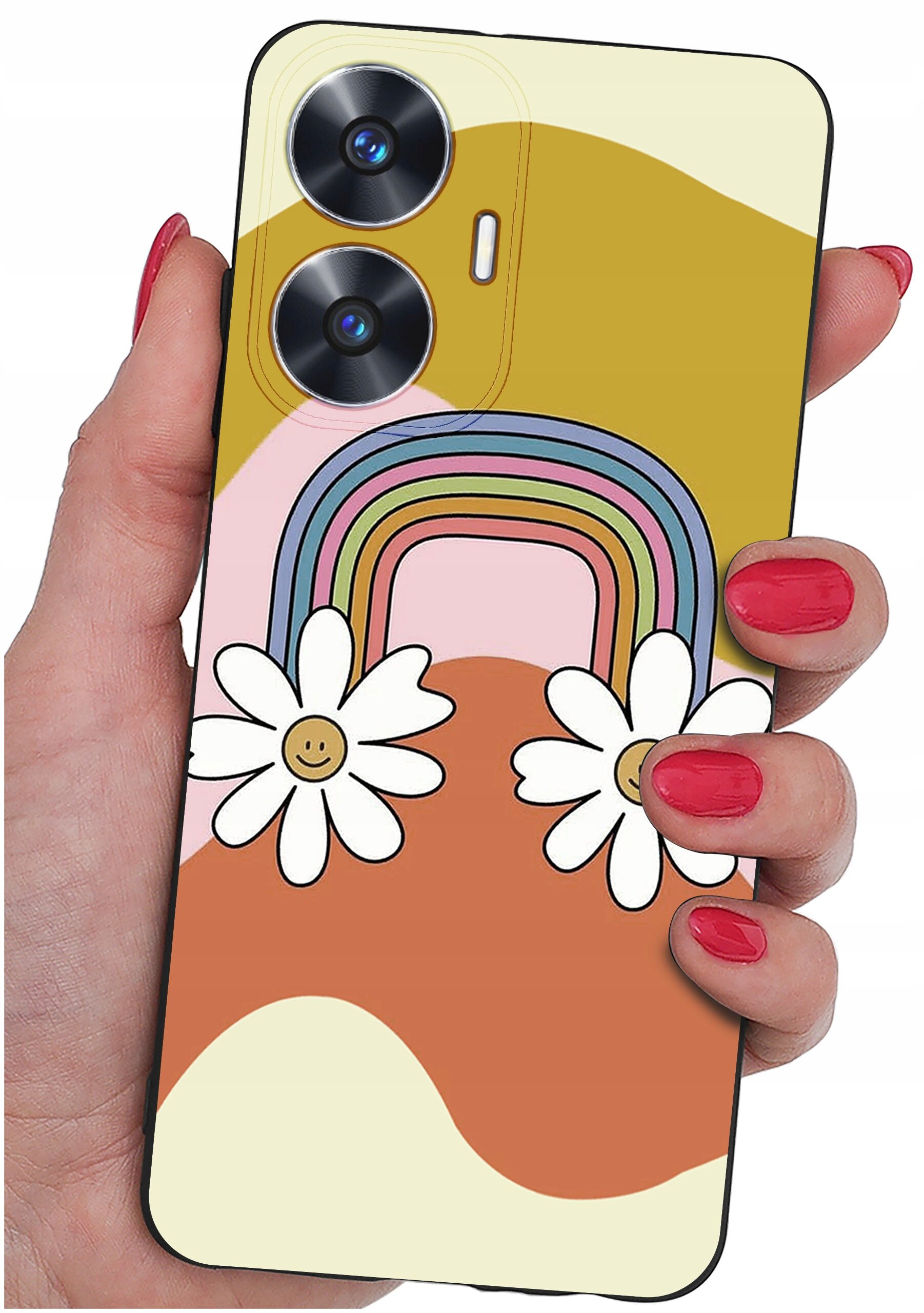 Etui na telefon z kolorowym wzorem tęczy i dwoma kwiatami z uśmiechniętymi buźkami. Etui trzymane jest w dłoni z pomalowanymi na czerwono paznokciami.