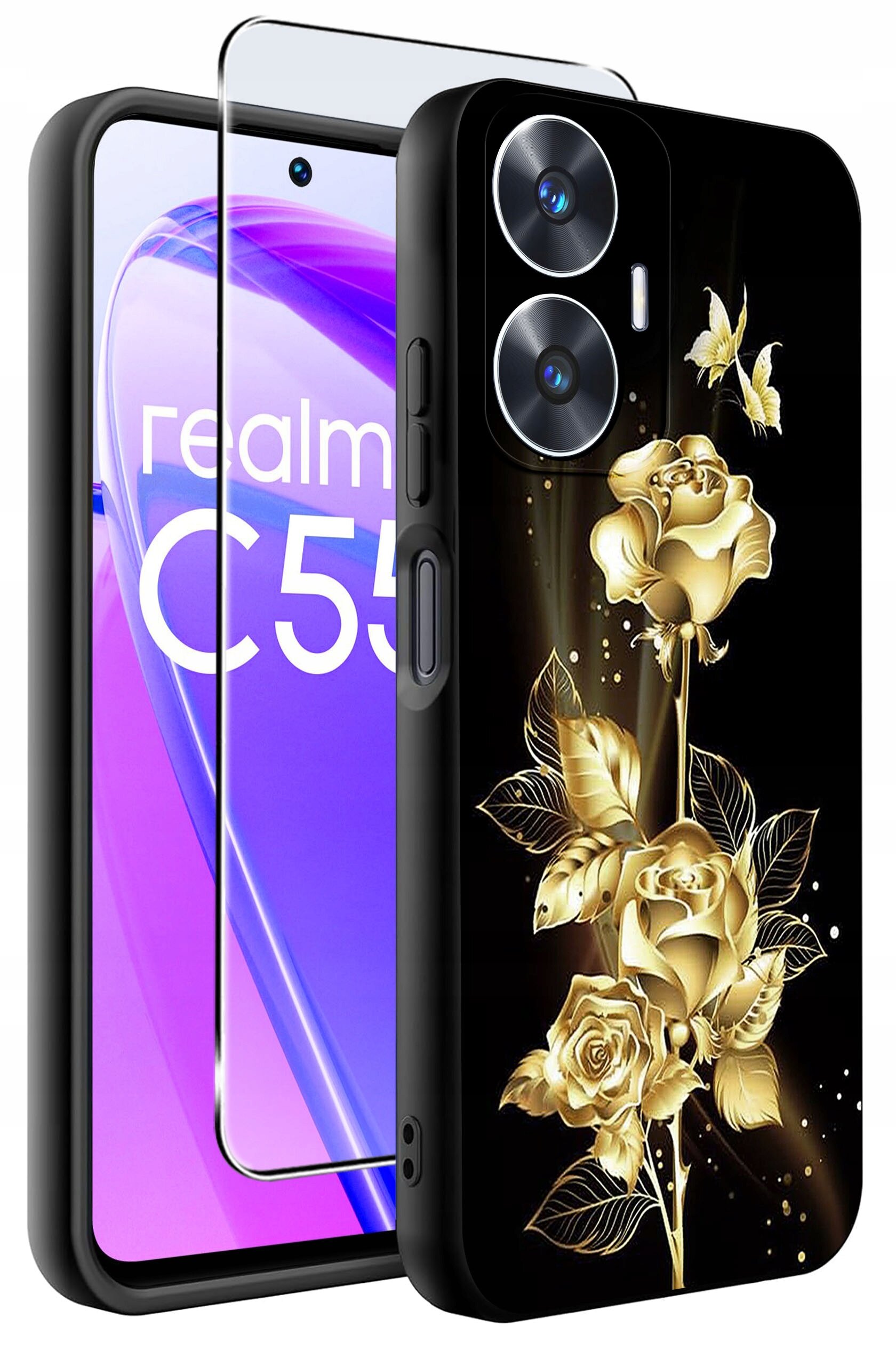 Obraz przedstawia etui na telefon z motywem złotych róż i motyli na czarnym tle oraz szkło ochronne. Na ekranie telefonu widoczny jest napis \'realme C55\'.
