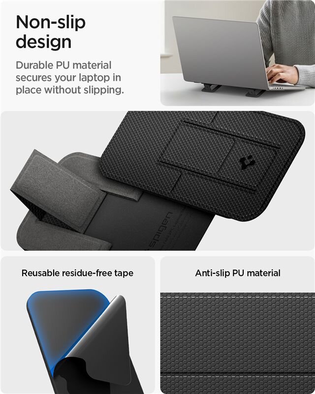 Obraz przedstawia czarną podstawkę pod laptopa wykonaną z antypoślizgowego materiału PU. Widoczny jest tekst: \'Non-slip design\', \'Durable PU material secures your laptop in place without slipping\', \'Reusable residue-free tape\', \'Anti-slip PU material\'.