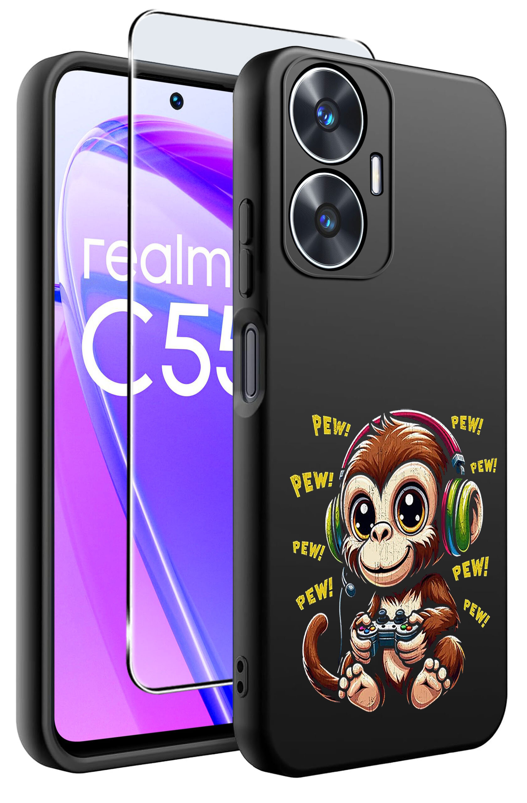 Etui na telefon z nadrukiem małpki w słuchawkach trzymającej kontroler do gier, z napisem \'PEW!\'. Obok znajduje się szkło ochronne na ekran telefonu z widocznym napisem \'realme C55\'.
