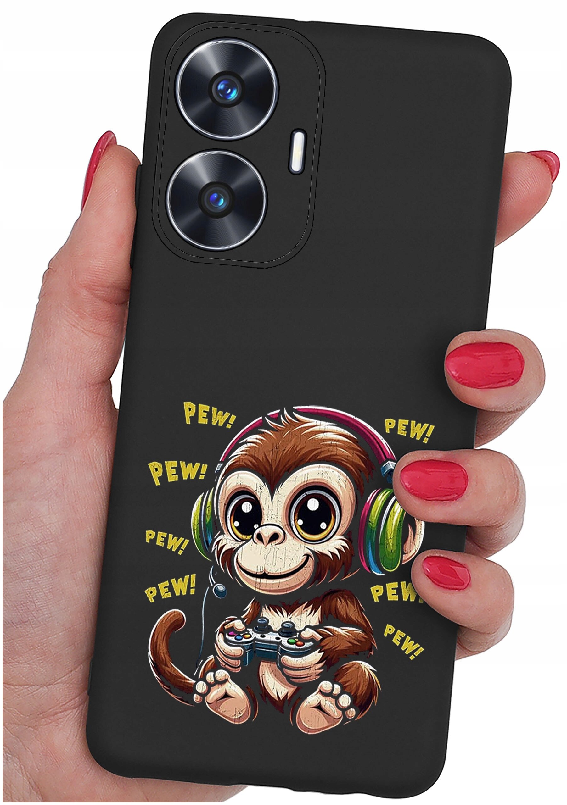 Czarne etui na telefon z nadrukiem małpki w słuchawkach trzymającej kontroler do gier. Wokół małpki widoczny jest tekst \'PEW! PEW! PEW!\'.