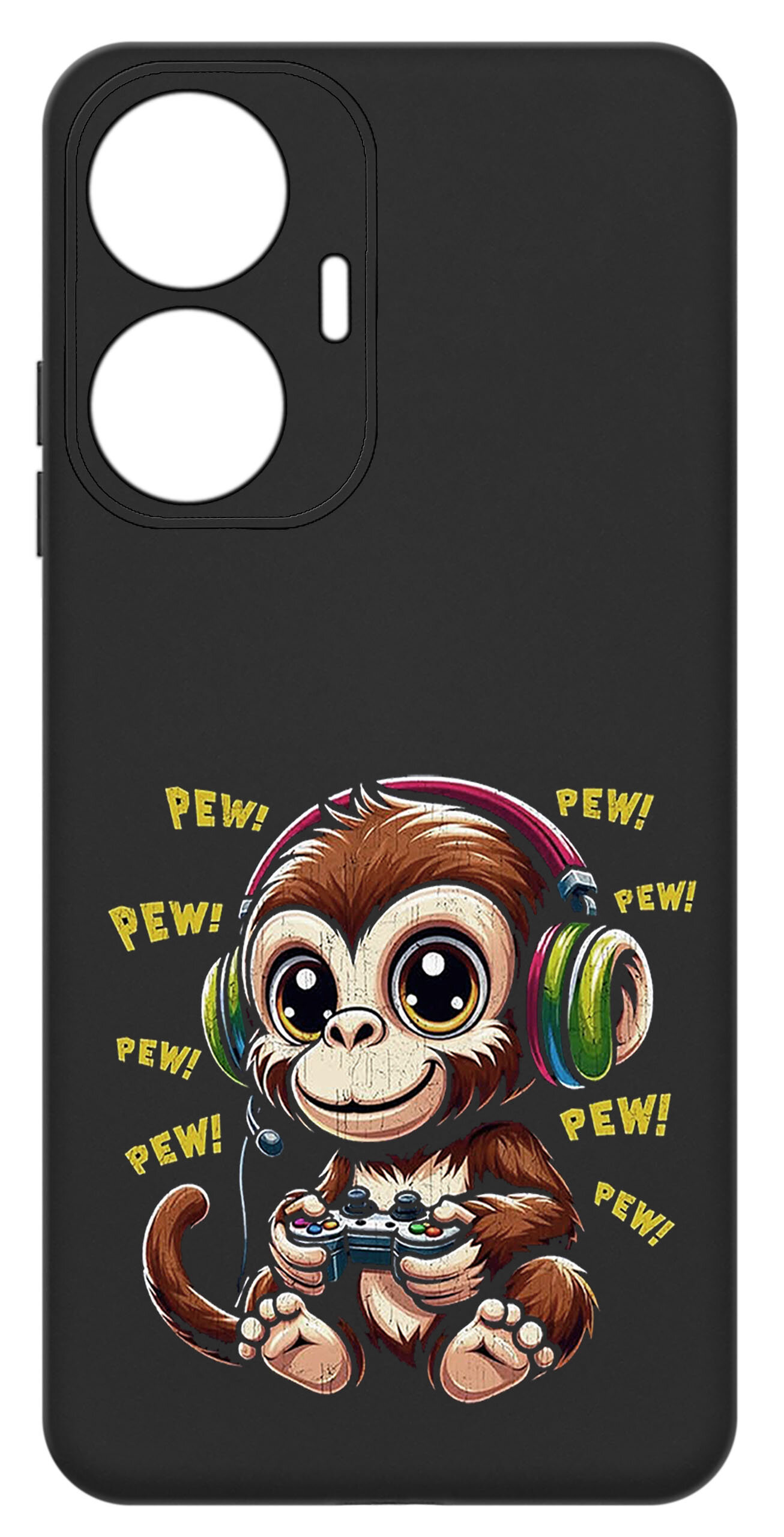 Czarne etui z nadrukiem małpki w słuchawkach trzymającej kontroler do gier, otoczonej napisem \'PEW!\'.