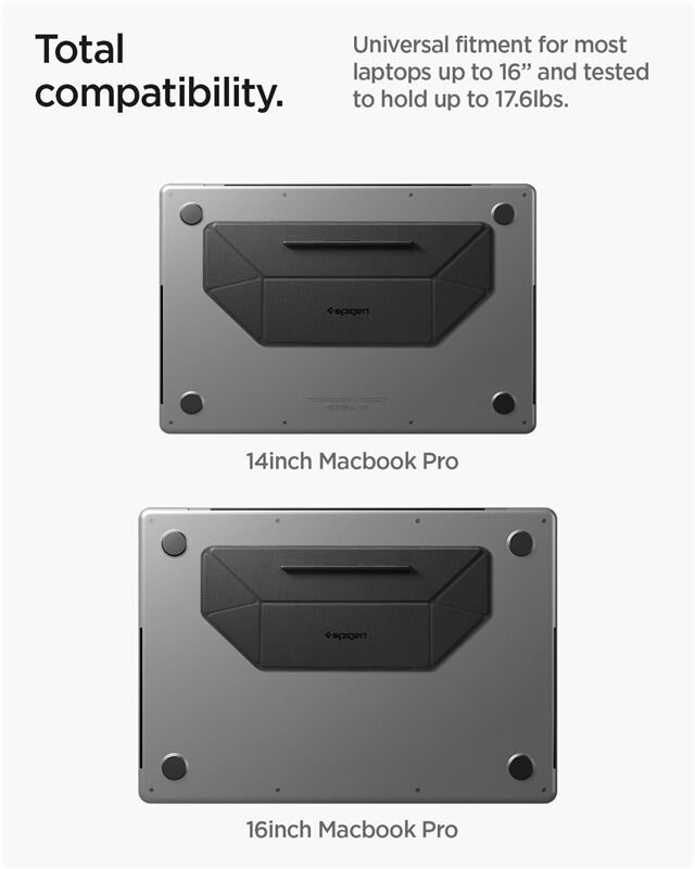 Obraz przedstawia dwa laptopy MacBook Pro z zamontowanymi podstawkami Spigen Slimfold. Tekst na obrazie: \'Total compatibility. Universal fitment for most laptops up to 16” and tested to hold up to 17.6lbs.\'