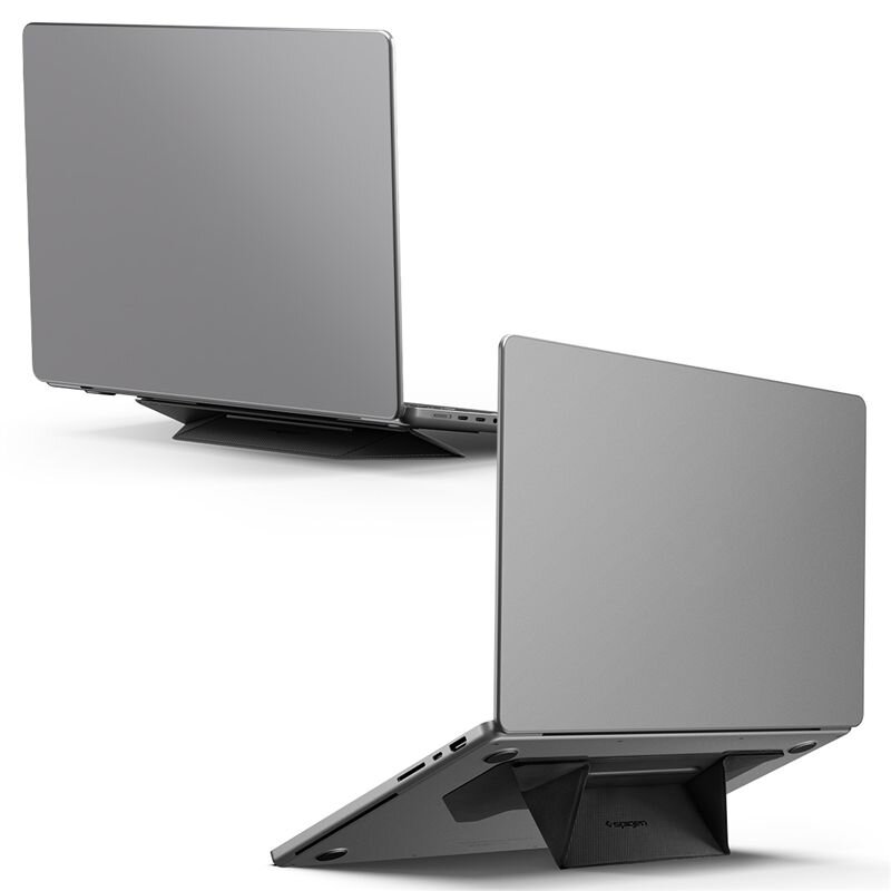 Na obrazie widoczne są dwa laptopy ustawione na czarnych stojakach, które unoszą ich tylne części. Stojaki mają prosty, składany design i są umieszczone pod laptopami.