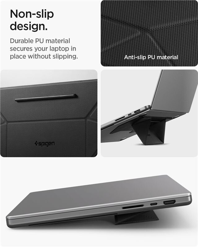 Obraz przedstawia czarną podstawkę do laptopa z materiału PU, która zapobiega ślizganiu się urządzenia. Widoczny jest laptop ustawiony na podstawce oraz logo \'spigen\'.