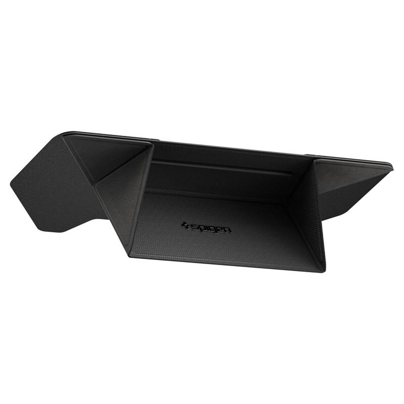 Czarny stojak na laptopa o minimalistycznym designie z widocznym logo \'spigen\' na powierzchni.