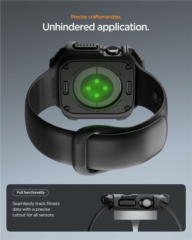 Obraz przedstawia tył czarnego zegarka z zielonymi diodami oraz tekst: \'Precise craftsmanship. Unhindered application.\' Na dole widoczny jest zegarek z boku oraz tekst: \'Full functionality Seamlessly track fitness data with a precise cutout for all sensors.\'