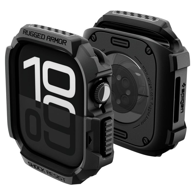 Obraz przedstawia czarną obudowę ochronną na zegarek z napisem \'Rugged Armor\' i \'Shock Resist\'. Widoczny jest również wyświetlacz zegarka z dużymi cyframi oraz tylna część obudowy z logo \'spigen\'.