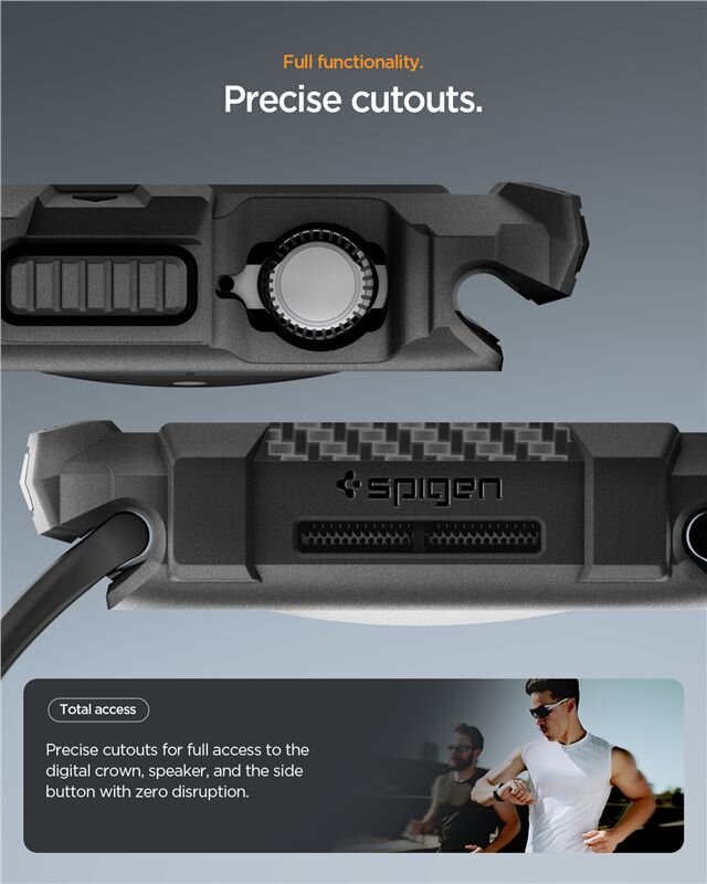 Obraz przedstawia czarną obudowę zegarka z wycięciami na przyciski i pokrętło, z widocznym logo \'spigen\'. Tekst na obrazie: \'Full functionality. Precise cutouts.\' oraz \'Total access Precise cutouts for full access to the digital crown, speaker, and the side button with zero disruption.\'