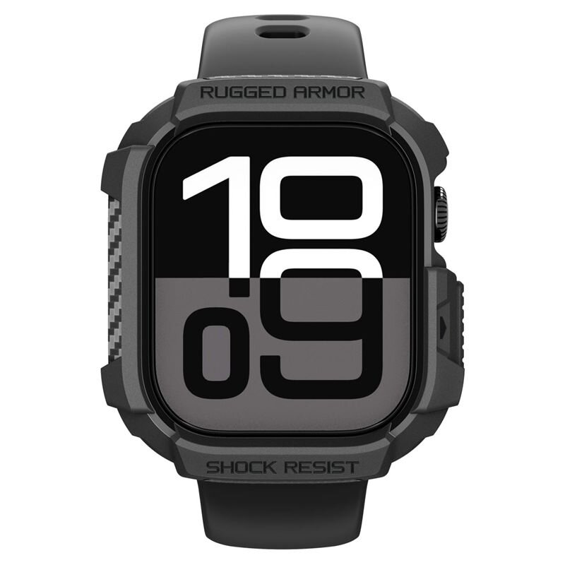 Czarny zegarek z dużym wyświetlaczem cyfrowym, na którym widoczna jest godzina 10:09. Na obudowie widnieją napisy \'RUGGED ARMOR\' i \'SHOCK RESIST\'.