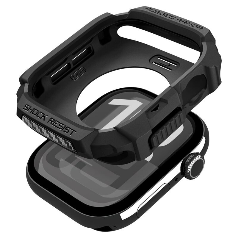 Czarny, matowy ochraniacz na zegarek z napisem \'RUGGED ARMOR\' i \'SHOCK RESIST\'. Ochraniacz jest pokazany w pozycji nad zegarkiem, który ma widoczny ekran i pokrętło.