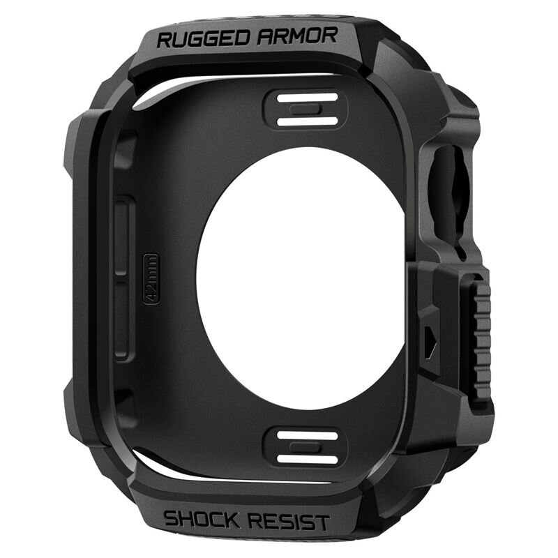 Czarna obudowa ochronna z napisem \'RUGGED ARMOR\' na górze i \'SHOCK RESIST\' na dole, przeznaczona do zegarka. Posiada otwory na przyciski i ekran.