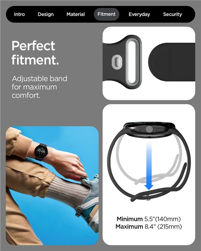Obraz przedstawia pasek do zegarka z napisem \'Perfect fitment. Adjustable band for maximum comfort.\' oraz minimalnym i maksymalnym rozmiarem 5.5” (140mm) i 8.4” (215mm). Widać również osobę zakładającą zegarek na nadgarstek oraz zbliżenie na zapięcie paska.
