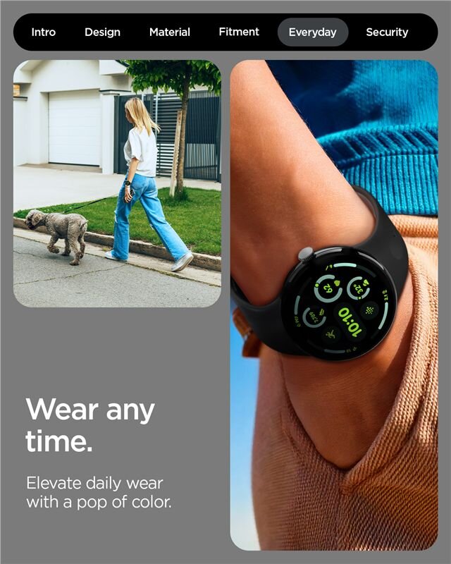 Obraz przedstawia osobę spacerującą z psem oraz zbliżenie na zegarek na nadgarstku. Widoczny jest tekst: \'Wear any time. Elevate daily wear with a pop of color.\'