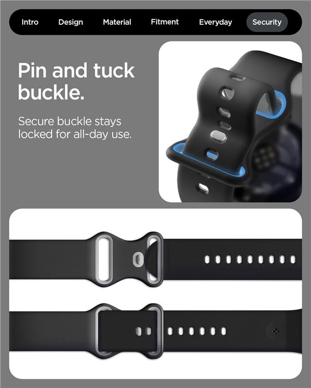 Obraz przedstawia czarny pasek do zegarka z niebieskimi akcentami, z zapięciem typu \'pin and tuck\'. Tekst na obrazie: \'Pin and tuck buckle. Secure buckle stays locked for all-day use.\'