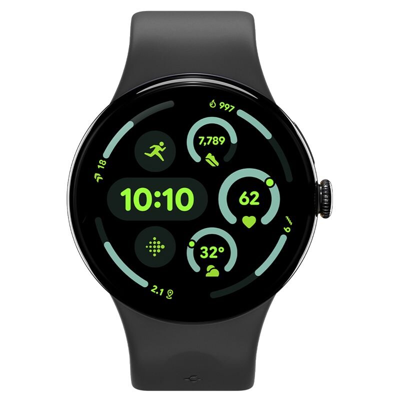 Smartwatch z czarnym paskiem wyświetla na ekranie czas 10:10 oraz różne dane, takie jak liczba kroków 7,789, tętno 62 i temperatura 32 stopnie. Na tarczy widoczne są także ikony związane z aktywnością fizyczną i zdrowiem.