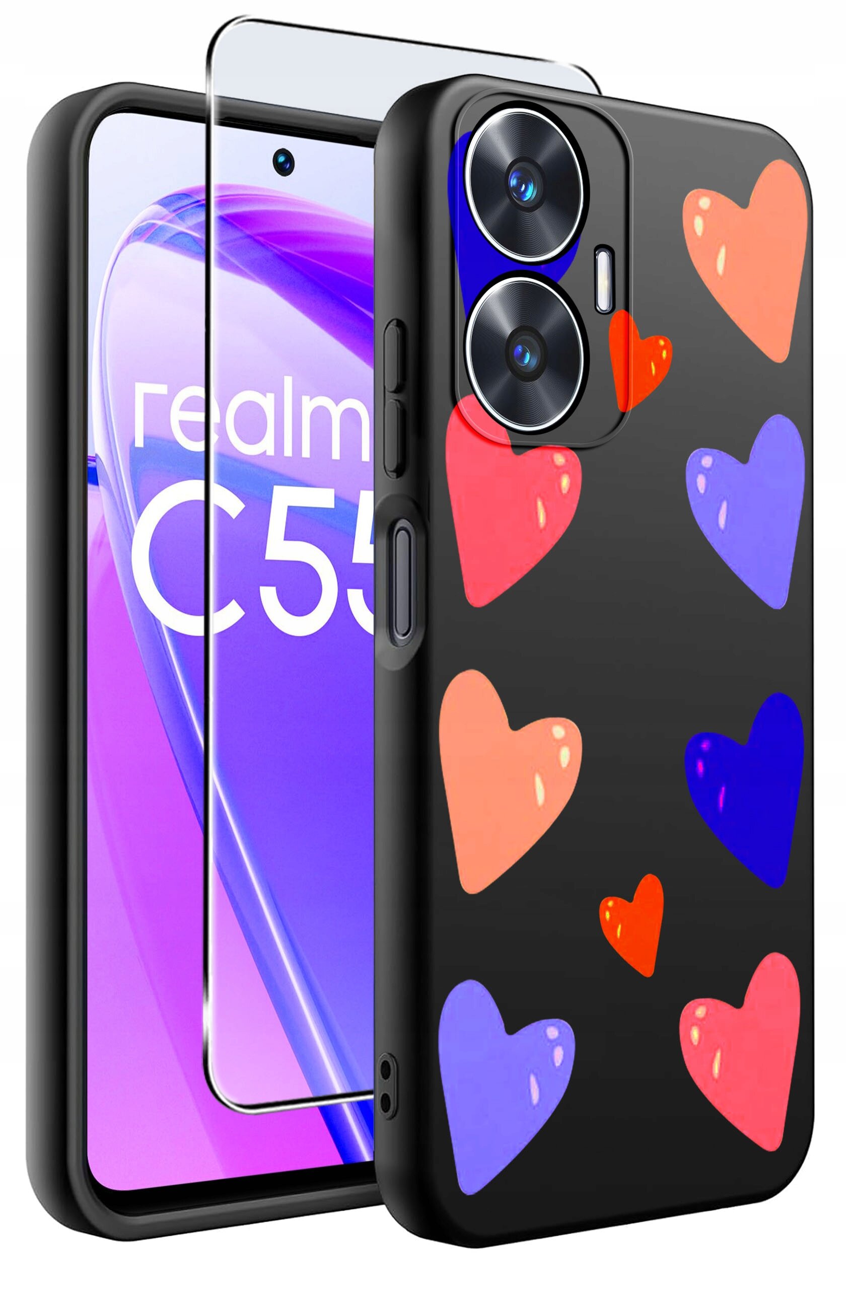 Obraz przedstawia czarne etui na telefon z kolorowymi sercami oraz szkło ochronne. Na ekranie telefonu widoczny jest napis \'realme C55\'.