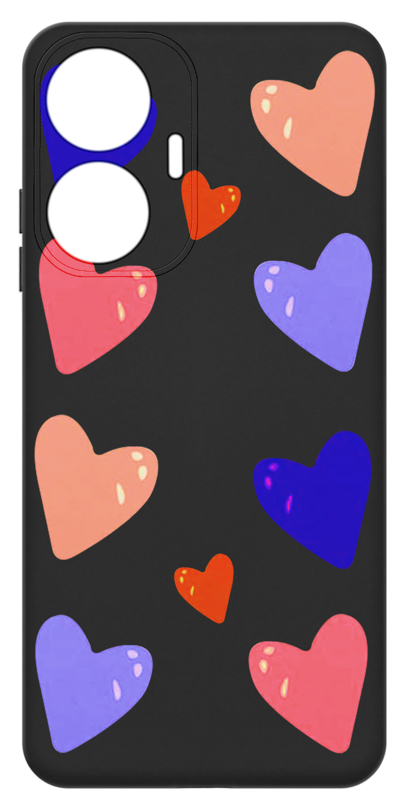 Czarne etui na telefon z kolorowymi sercami w odcieniach różu, fioletu i pomarańczu. Etui ma wycięcia na aparat i przyciski.